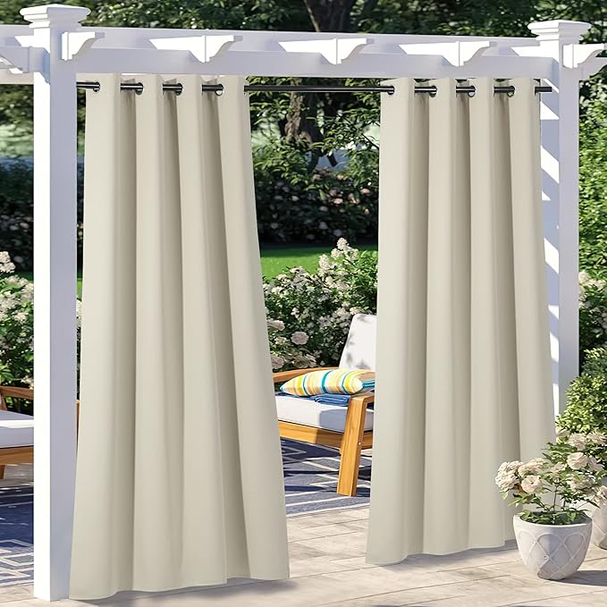 NICETOWN 2 Panels Outdoor Patio Curtains Waterproof, Stainless Steel Grommet Porch Decor Thermal Insulated Windproof Weighted Curtains for Outdoor Open-air Film, Beige, W52 x L84 Inch