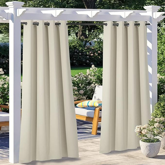 NICETOWN 2 Panels Weighted Patio Outdoor Curtains 95 inch Length, Home Fashion Microfiber Thermal Insulated Silver Stainless Steel Grommet Room Darkening Drapes for Terrace, Beige, W52 x L95