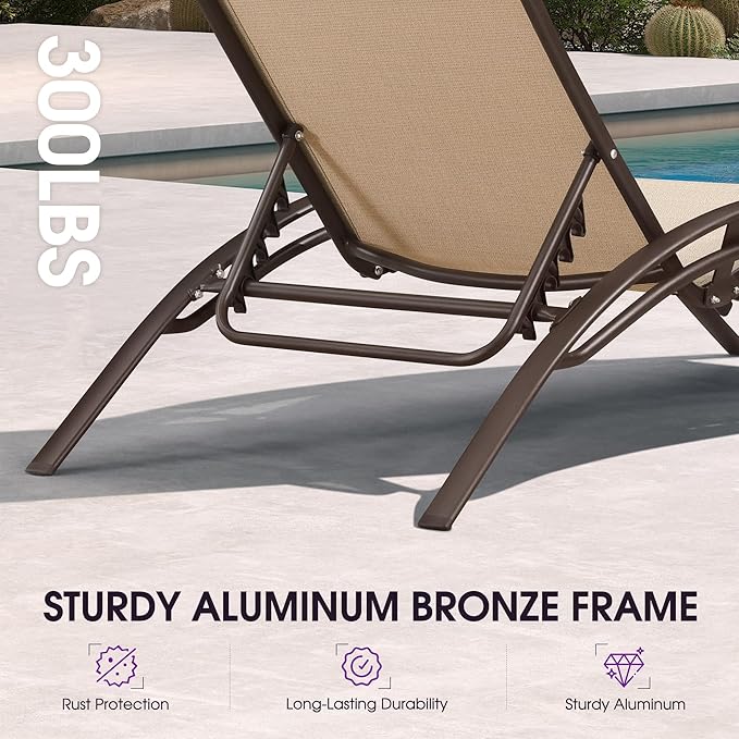 PURPLE LEAF Outdoor Oversized Chaise Lounge Chair Set of 3 Patio Pool Lounger Bronze Aluminum Chairs with Side Table Adjustable Tanning Recliner for Outside Backyard Yard Deck Beach Pebble Gray