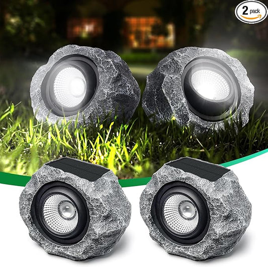 2 Pack Solar Rock Lights Outdoor, Angle Adjustable Solar Lights Outdoor Waterproof, LED Solar Garden Lights, Auto On/Off Landscape Lighting for Yard Pathway Patio Flower Bed - White Glow (Stone Gray)