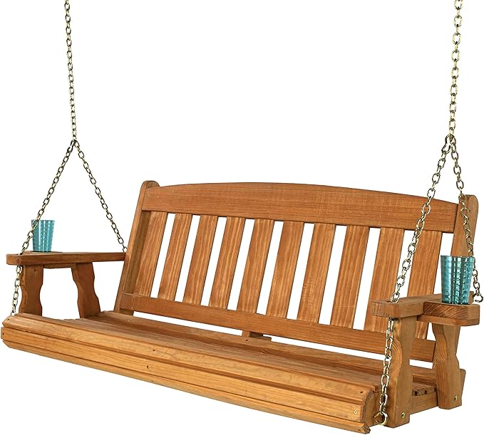 Amish Casual Heavy Duty Mission Treated Porch Swing, 6-Foot, Cedar Stain, 8Ft Chains, with Cups