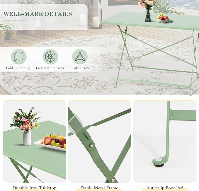 MELLCOM 5-Piece Foldable Patio Dining Set with Rectangular Table and Chairs, Weather-Resistant Iron Outdoor Dining Set for 4 People, Outdoor Table and Chairs for Patio, Yard, Indoor, Green