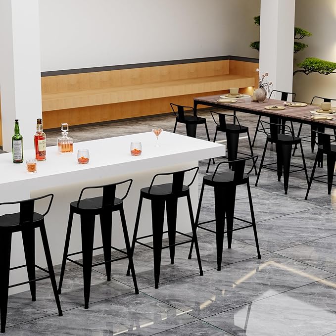Aklaus Metal Bar Stools Set of 4 Counter Height Bar Stools for Kitchen Island Farmhouse Barstools with Removable Back 26" Indoor Outdoor Barstools, Matte Black