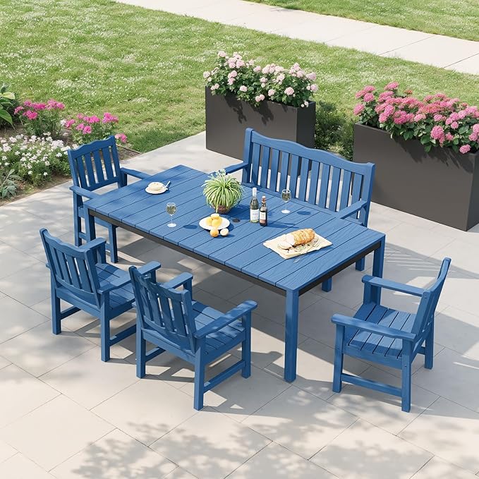 Stoog Outdoor Bench & Chairs Set, All-Weather Patio Furniture Set, Include 2 Patio Chairs and 1 Patio Bench, for Porch, Backyard, Lawn, and Garden, Blue