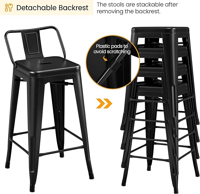 Yaheetech Bar Stools Set of 4, Metal Counter Height Chairs, 26 Inch Industrial Kitchen Stools with Backrest and Footrest for Indoor/Outdoor, Matte Black