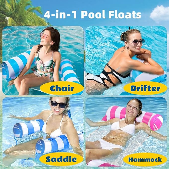 4 Pack Upgrated XL Water Pool Floats, 4-in-1 (Hammock, Saddle, Lounge Chair, Drifter) Multi-Purpose Water Pool Float, Non-Stick PVC Material