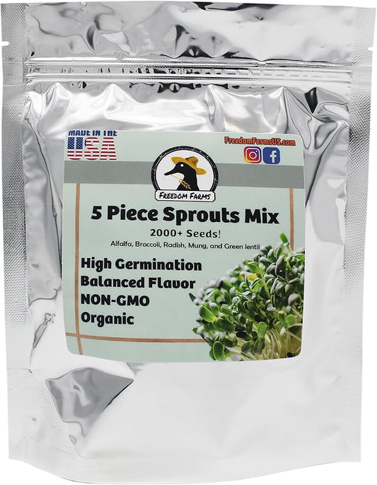 1 lb Salad Style Bean Sprout Starter Seeds - 46 Servings per Bag! - Non-GMO Organic - Sprouting Mix - Includes Alfalfa, Broccoli, Radish, Mung, and Green Lentil