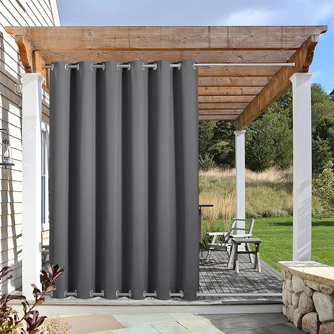 NICETOWN Outdoor Curtain Waterproof Extra Long 108" for Patio, Windproof Energy Saving Top and Bottom Stainless Steel Grommets Blackout Outdoor Drape for Porch, 1 Piece, 84" Wide, Grey