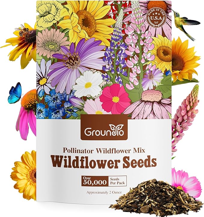 Groundio Wildflower Seeds Mix, 2 Oz, 50,000+ Seeds, 28 Varieties, Attracts Bees, Butterflies & Birds, Colorful Flowers