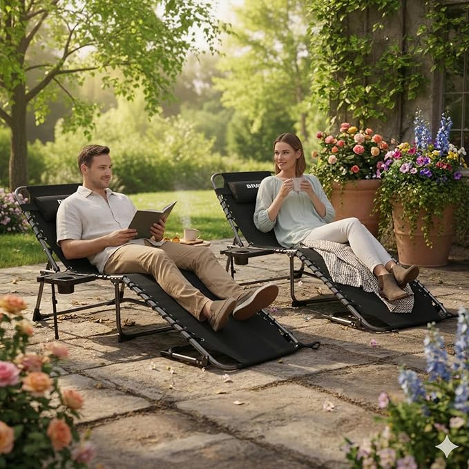 FUNDANGO Chaise Lounge Chair Outdoor, 5-Position Folding Tanning Chair with Detachable Side Table & Pillow, 180° Lay Flat Portable Beach, Heavy Duty U-Frame for Patio, Pool, Lawn, 265lbs（Black 2 pack）