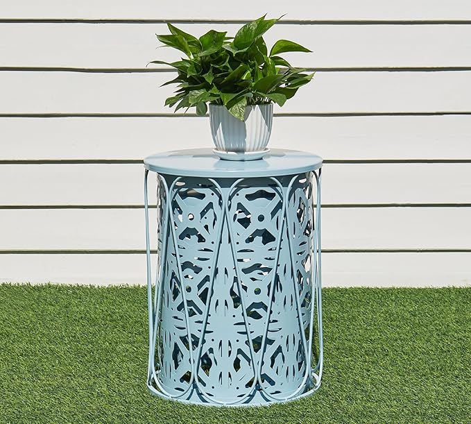 HFHOME Set of 3 Metal Outdoor Side Table, Nesting Round Coffee Table for Indoor Outdoor, Heavy Duty End Tables Plant Stand Living Room Garden Stool - Blue