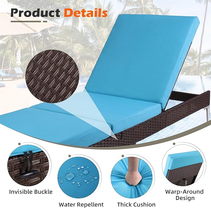 HOMREST Outdoor Lounge Chairs Set of 4, Patio Wicker Chaise Lounge with Removable Cushion, Rattan Pool Sunbathing Recliners with Adjustable Backrest (Turquoise)