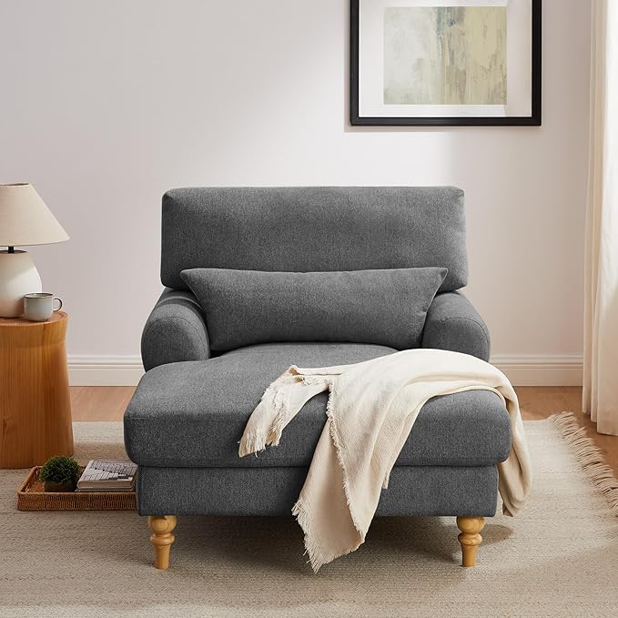 Modern Chaise Lounge Chair with Adjustable Backrest, Upholstered Indoor Leisure Sofa Recliner, Oversized Accent Chair Deep Seat Reading Armchair for Living Room, Bedroom, Office, Dark Gray