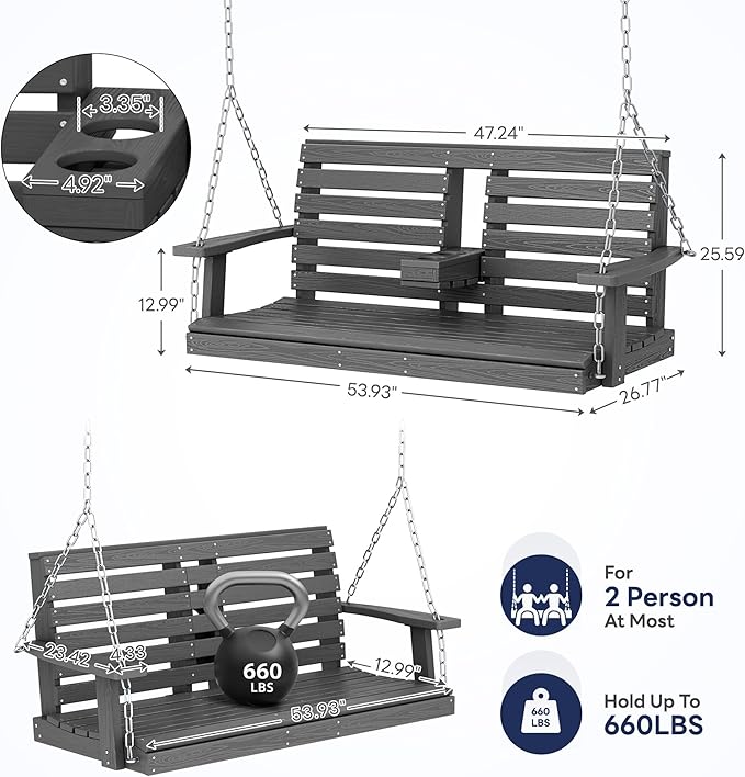KINGYES Outdoor Hanging Patio Swing Chair Set of 2, 2 Seat Bench with Cup Holders, Waterproof for Courtyard & Garden, 660LBS Weight Capacity, Gray