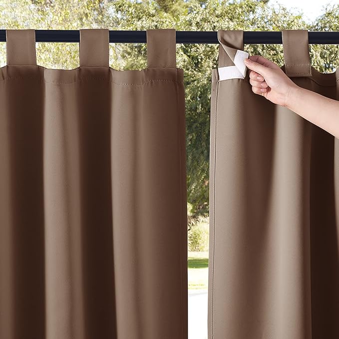 NICETOWN 2 Pieces Outdoor Curtainss for Patio Waterproof Sticky Tab Top, 84 x L108 Extra Wide and Long Blackout Door Blinds Safe Public Dividers Thermal Insulated for Pavilion/Pergola, Tan