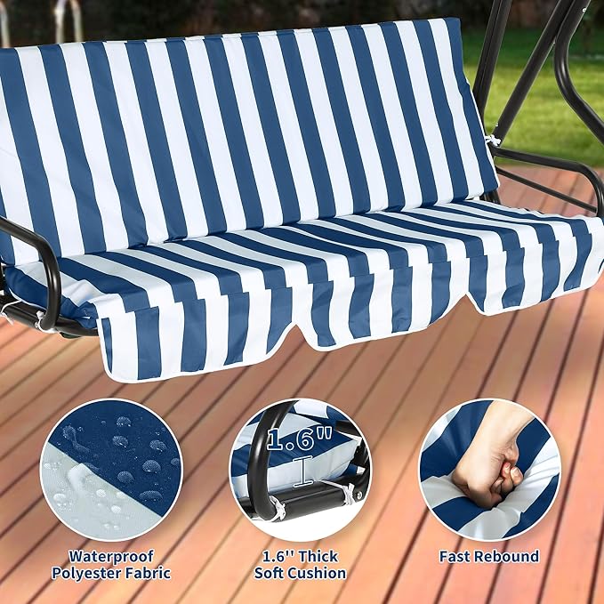 Outdoor Porch Swing Chair with Adjustable Canopy & Striped Seat Cushion for Adults 3-Seat Patio Glider Bench with Thick Cushions Steel Frame Outdoor Swing Chair for Backyard Lawn Garden Blue