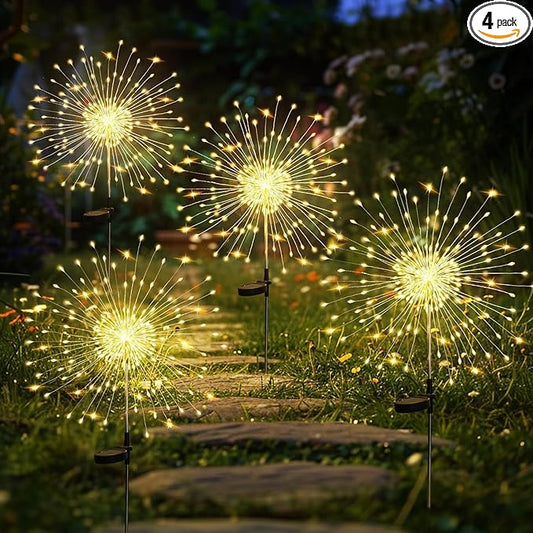 4 Pack Solar Firework Lights 200 LED Create Magical Nights, Waterproof Starburst Fairy Lights for Garden Yard Patio Christmas Romantic Wedding Party Decor(Warm White)