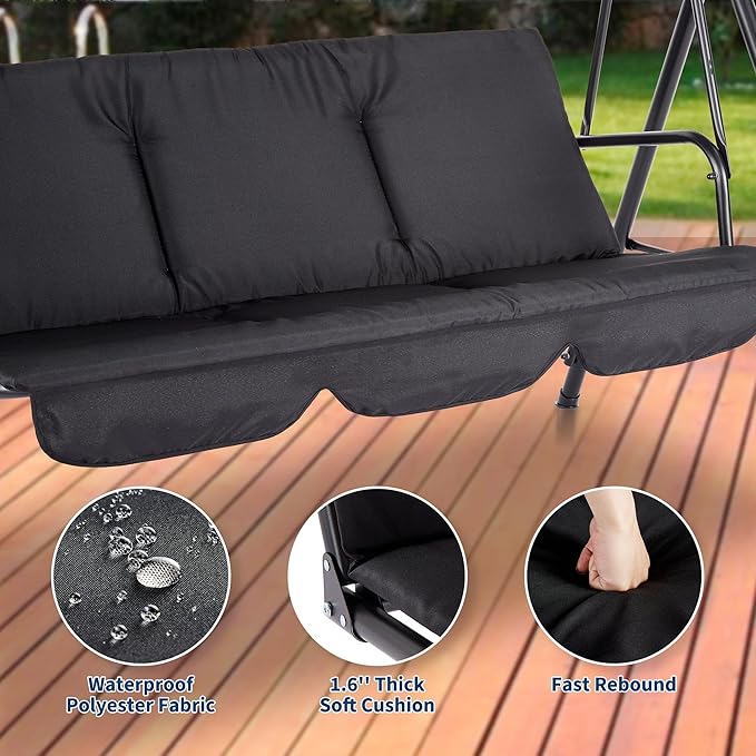 Porch Swing Chair with Adjustable Canopy for Adults 3-Seat Patio Glider Bench with Thick Cushions Steel Frame Outdoor Swing Chair for Backyard Lawn Garden Black