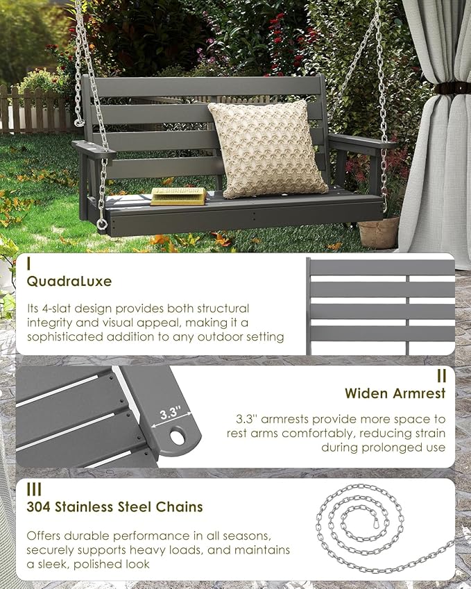 GREENVINES Porch Swing | 51’’ | HDPE Plastic | for Outdoor Patio | All Weather | Waterproof Bench Swings | w/ 4 Stainless Steel Chains | Grey