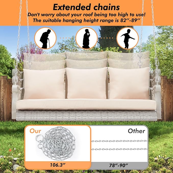 3-Person Wicker Porch Swing Chair Heavy Duty 900 LBS Outdoor Rattan Patio Swing Chair w/Cup-Holder & Steel Chains Hanging Bench Porch Swing Cushions for Deck & Backyard & Garden