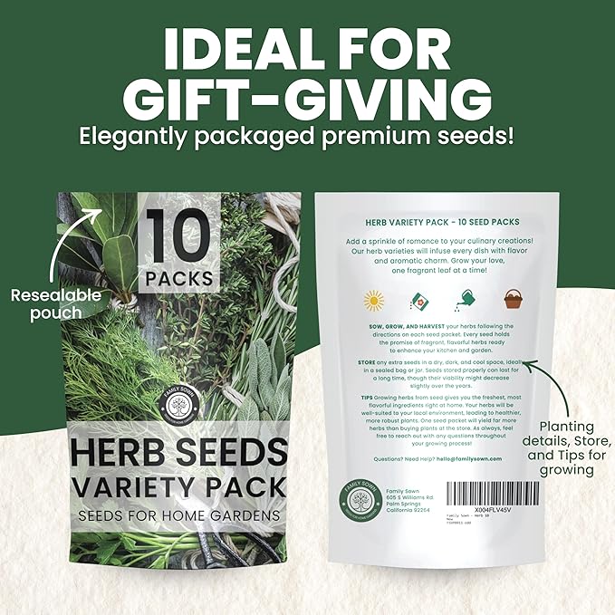 Herb Seeds | 10 Individual Packs | 2026 Season | Non-GMO | Mint, Parsley, Basil, Thyme & More! | for Planting Indoor & Outdoor | by Family Sown