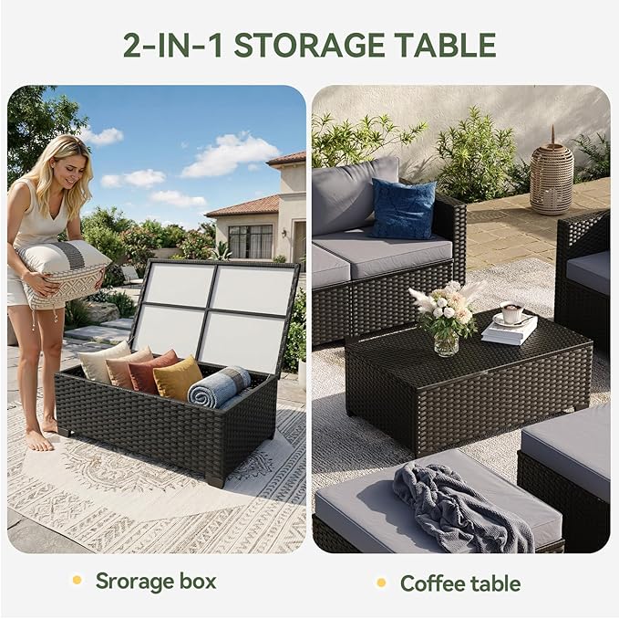 Aoxun 8 Piece Outdoor Patio Furniture Set 7 Seats, Outdoor Sectional with Thick Waterproof Cushions & Storage Coffee Table, Patio Conversation Sets for Garden,Backyard, Porch, Balcony, Deck, Gray