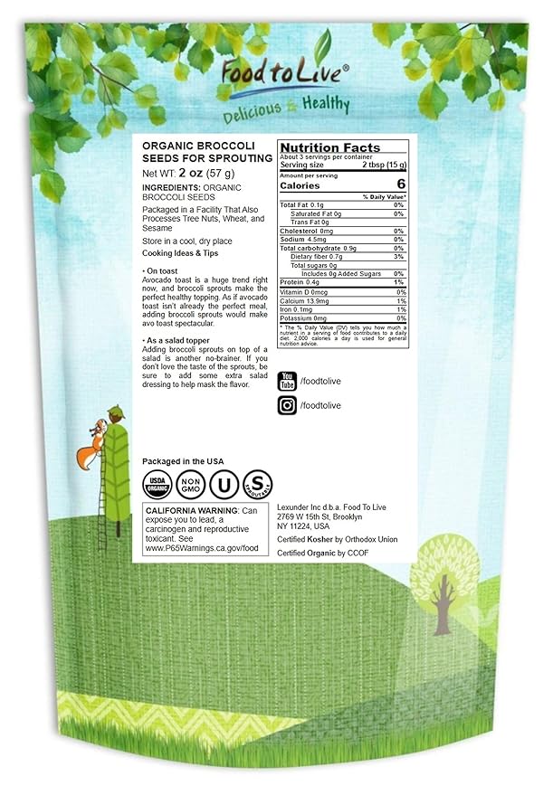 Food to Live Organic Broccoli Seeds for Sprouting, 2 Ounces – Non-GMO, Vegan, Kosher, Sirtfood, Bulk. Rich in Sulforaphane, Vitamin C. Grow Sprouts, Microgreens for Salads, and Sandwiches