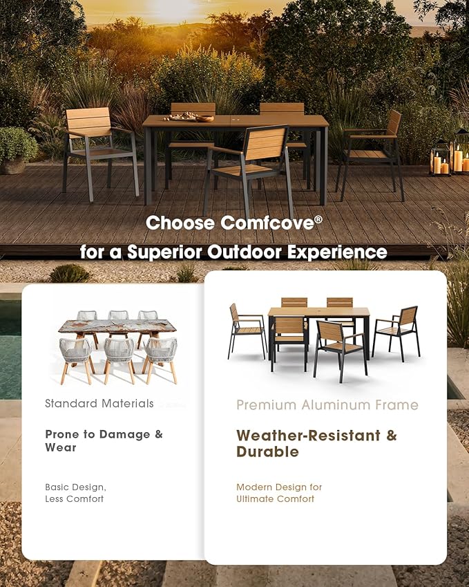 Outdoor Patio Dining Table, Aluminum & HDPS Outdoor Table with Umbrella Hole, All-Weather for Deck, Garden, Lawn, Backyard, Poolside (Gray & Teak)
