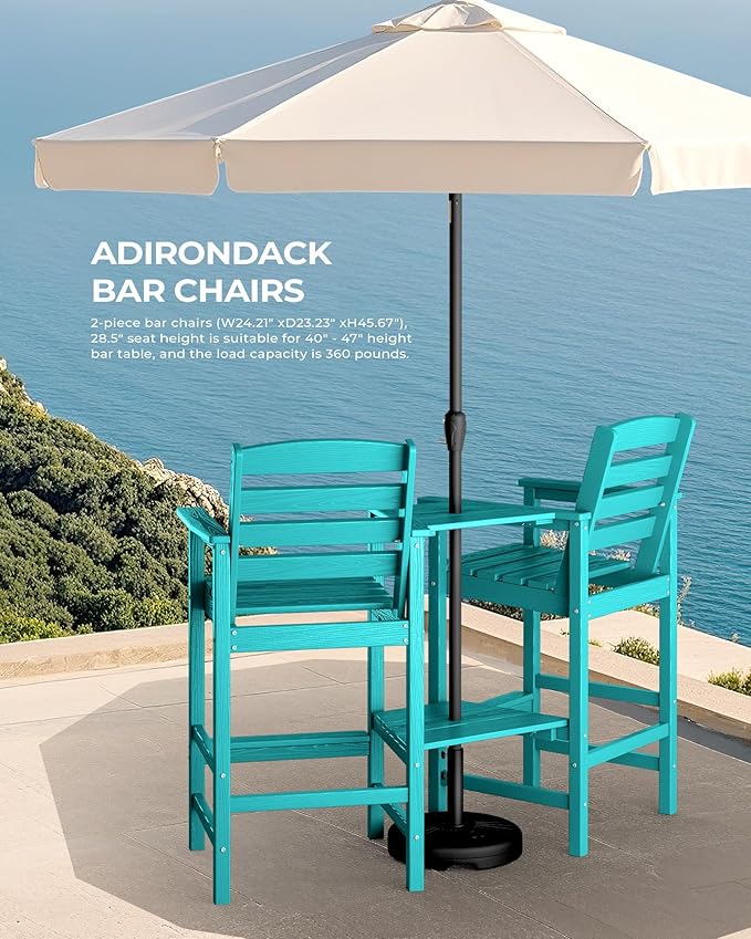 SERWALL Tall Adirondack Chairs Set of 2 with Connecting Table, All Weather Outdoor Barstools, Aruba Blue