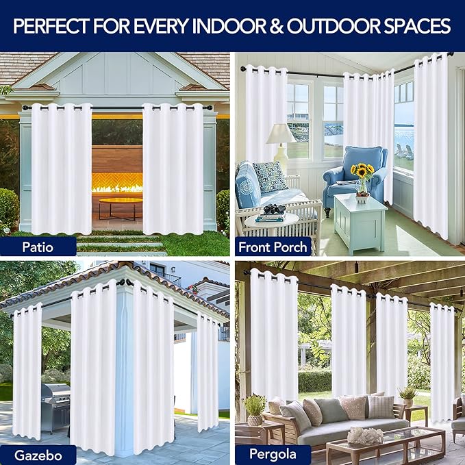 PureFit Outdoor Curtains for Patio Waterproof Weatherproof, UV Resistant Outside Curtains for Gazebo, Front Porch, Pergola, Sun Blocking Privacy Curtain, 52W x 120L inch, Set of 2, White