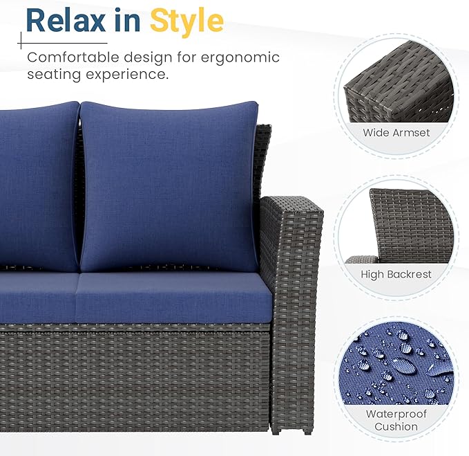 Wisteria Lane All Weather Wicker Patio Couch, 3 Seats Patio Sofa with Thick Cushions, Outdoor Furniture Couch with High Back, Outdoor Patio Sofa for Garden, Backyard, Porch, Blue
