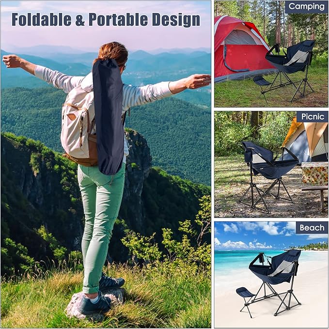 Tangkula Set of 2 Hammock Camping Chair, Portable Camp Chair with Retractable Footrest, Adjustable Back, Headrest, Cup Holder & Carry Bag, Outdoor Folding Lawn Chair for Camping, Fishing, Hiking