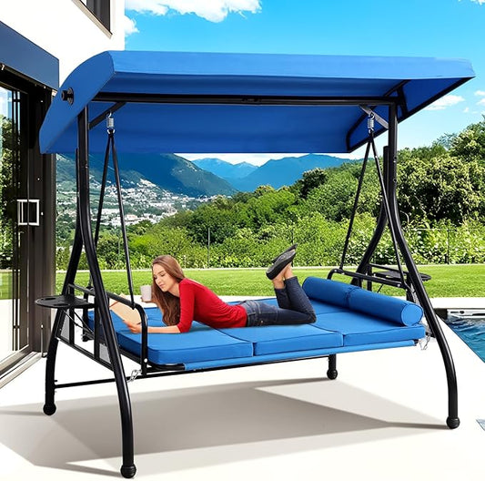 Grepatio 3-Seat Outdoor Porch Swing with Adjustable Canopy, 3 Person Convertible Porch Swing Bed with Stand, Heavy Duty Patio Swing with Cup Holder and Pillows, Cushion for Garden, Poolside (Blue)