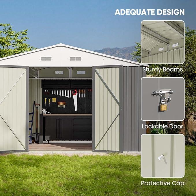 Patiowell 10 x 8 FT Outdoor Storage Shed, Large Garden Tool Metal Shed with Sloping Roof and Double Lockable Door, Outdoor Shed for Backyard Garden Patio Lawn,Grey