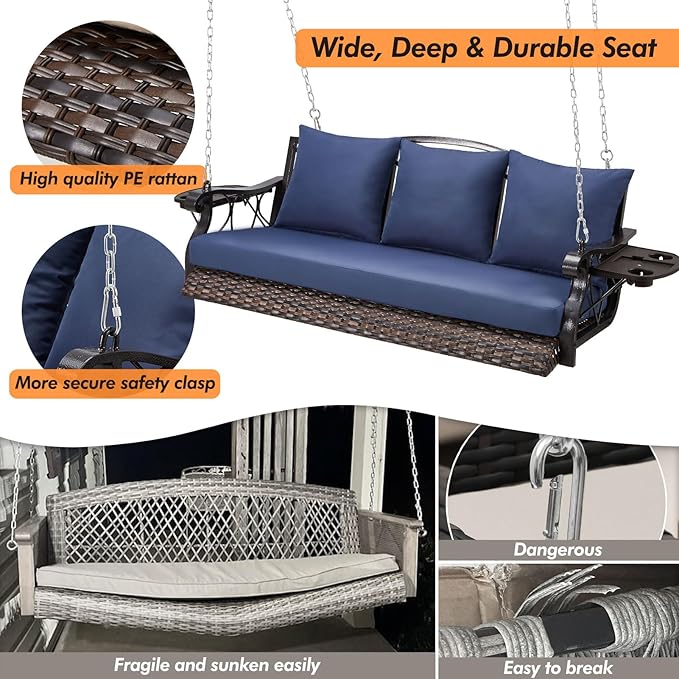 3-Person Wicker Porch Swing Chair Heavy Duty 900 LBS Outdoor Rattan Patio Swing Chair w/Cup-Holder & Steel Chains Hanging Bench Porch Swing Cushions for Deck & Backyard & Garden