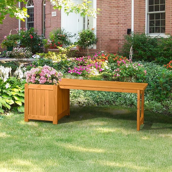 VINGLI Outdoor Wood Bench with Planter Boxes, 2-in-1 All-Weather Porch Bench Seat ＆ Open-Ended Wooden Raised Garden Bed, for Balcony Yard Patio (1 Box)