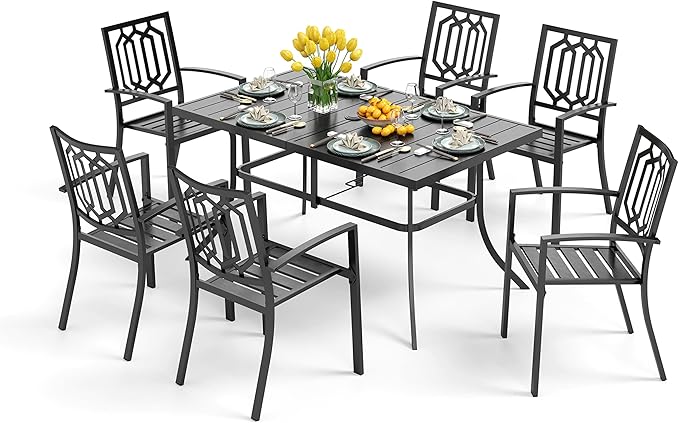 PHI VILLA 7 Piece Outdoor Dining Set for 6, 60” Rectangular Black Metal Table with Umbrella Hole & Stacking Wrought Iron Chairs, Outside Furniture Set for Patio, Deck, Backyard, Porch