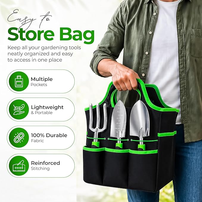 Gardening Tools Set with Bag 8 PCS – Heavy Duty Stainless Steel Garden Hand Tools Kit, Ergonomic Non-Slip Handles, Rust-Proof, Includes 15 Plant Tags – Gardening Gift for Women & Men