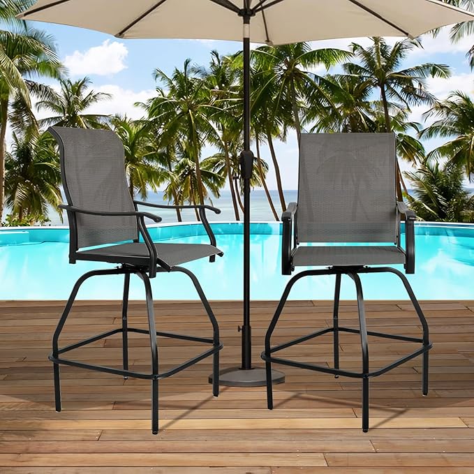 LEVELEVE Patio Bar Set 4pcs Swivel Bar Stools Outdoor Bistro Textilene Furniture Stability All-Weather Set (Grey Fabric)