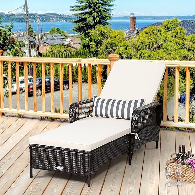Tangkula Wicker Chaise Lounge Outdoor Set of 2, Patio Rattan Reclining Chaise with 6-Gear Adjustable Backrest, Thick Padded Cushion & Removable Lumbar Pillow, Pool Lounge Chairs for Outside Balcony