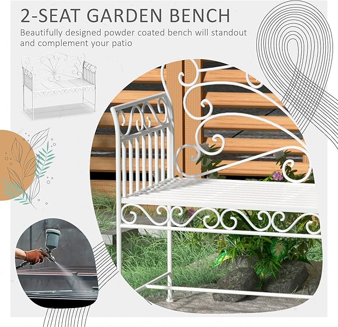 Outsunny 43" Garden Bench, Outdoor Patio Bench with Armrests, Metal Porch Bench for Backyard, Poolside, Lawn, Cream White