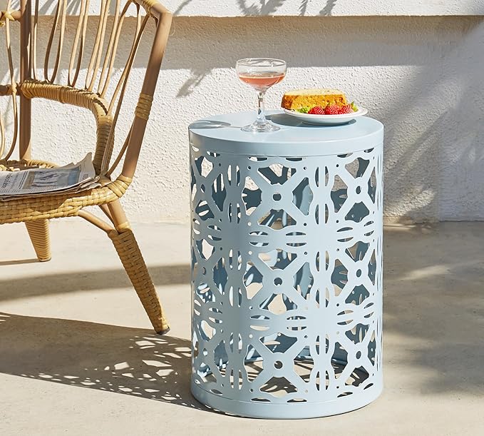 HFHOME Set of 3 Metal Outdoor Side Table, Nesting Round Coffee Table for Indoor Outdoor, Heavy Duty End Tables Plant Stand Living Room Garden Stool - Blue