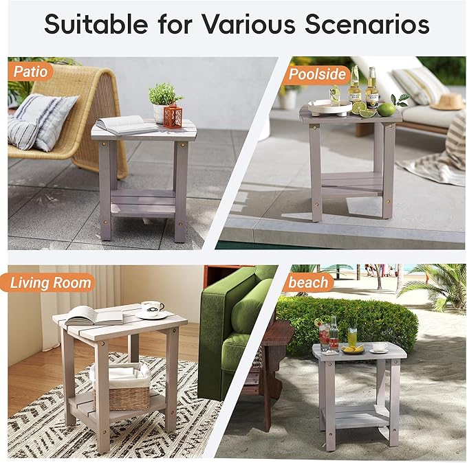 2-Tier Adirondack Side Table 17" with Double Shelf, Easy Assembly Solid Wood End Table,Outdoor & Indoor Small Table for Living Room,Patio, Poolside, Porch - Weather Resistant Concrete Grey
