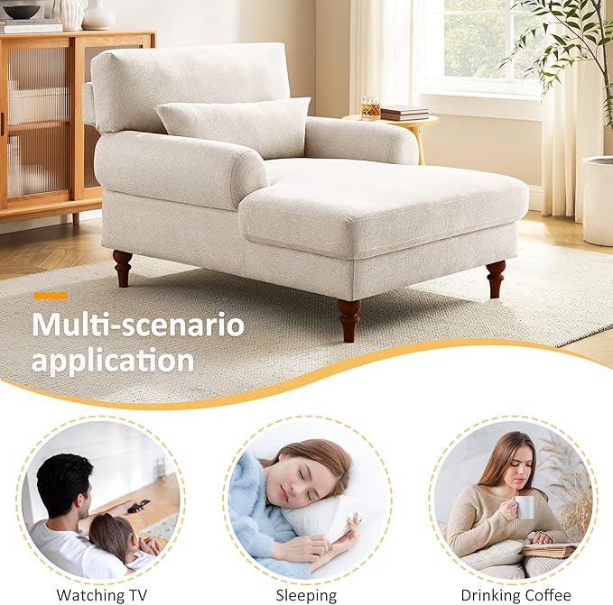Modern Chaise Lounge Chair with Adjustable Backrest, Upholstered Indoor Leisure Sofa Recliner, Oversized Accent Chair Deep Seat Reading Armchair for Living Room, Bedroom, Office, Smoke White