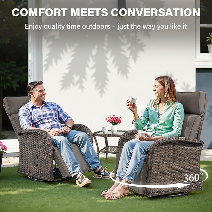 Belord 5 Piece Wicker Patio Furniture Set with 30" Propane Fire Pit Table, Outdoor Swivel Recliner Chairs with Adjustable Backrest & Footrest for Patio Conversation and Backyard Gathering