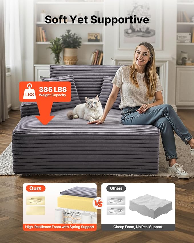 VEVOR Chaise Lounge Chair, 48 in Boneless Chaise Lounge Indoor, Modern Upholstered Oversized Reading Chair with Throw Pillows & Armrests, Sofa Couch Deep Seat Sleeper for Living Room, Bedroom, Balcony