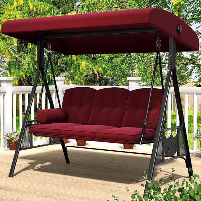 AECOJOY Outdoor Porch Swing, 3-Seat Porch Swing with Adjustable Canopy, Outdoor Swings for Adult with Burgundy Removable Cushions for Backyard, Garden, Yard, Poolside, Balcony