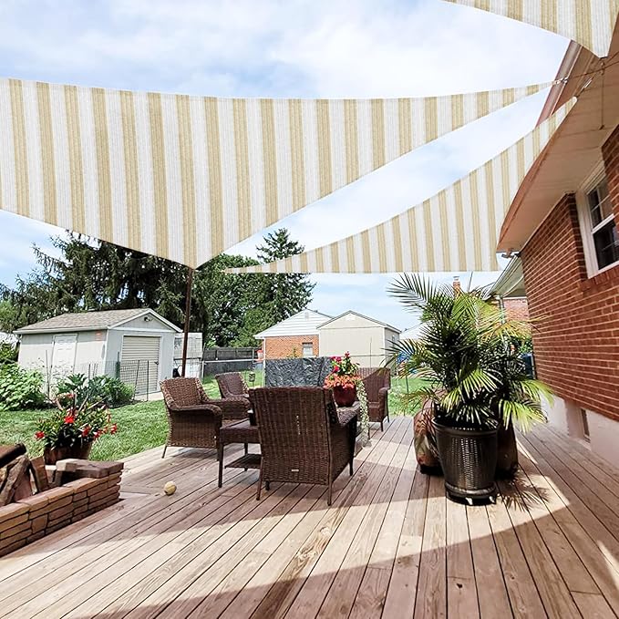Patio Paradise 25' x 25' x 25' Sun Shade Sail Triangle Canopy Shade Cloth Fabric Sunlight Block Patio Pergola Cover HDPE Deck Awning for Outdoor Backyard Roof Shading, Beige White Strip