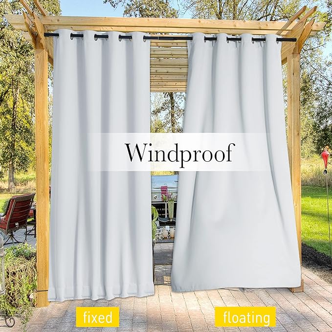 NICETOWN 2 Panels Outdoor Curtains with Grommet & Back Tab on top and Bottom for Patio Waterproof, Windproof Privacy Sound & Light Reducing for Cabana with Fixed Rope, W52 x L72, Greyish White