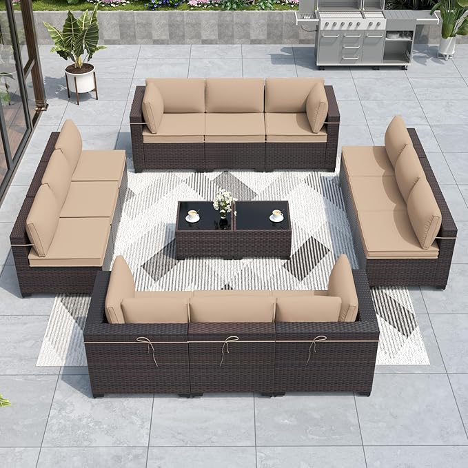ALAULM Patio Furniture Set with Coffee Table, 14 Pieces Outdoor Sectional with Wide Seat and Thick Cushion, All Weather Wicker Rattan Conversation Set for Backyard, Garden, Deck, Sand